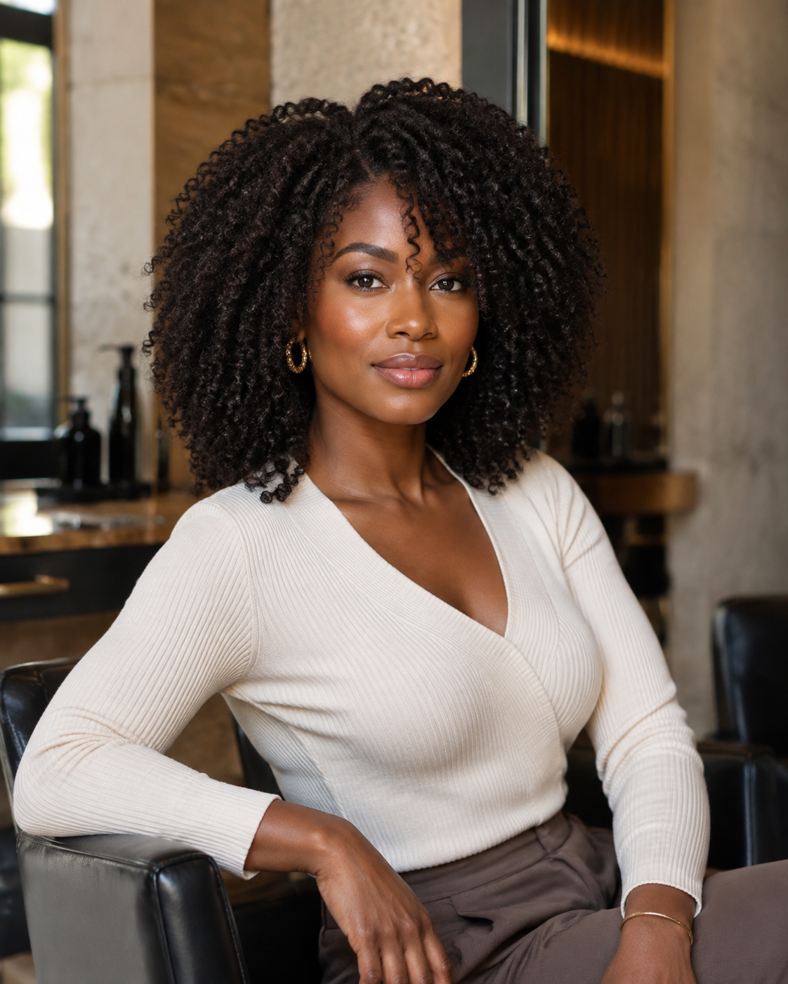 Elegant natural hair styling in a contemporary studio
